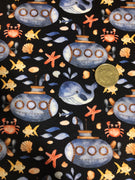 Blue Sea Series Subs & Whales Navy Quilting Cotton Fabric