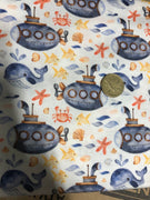Blue Sea Series Subs & Whales White Quilting Cotton Fabric